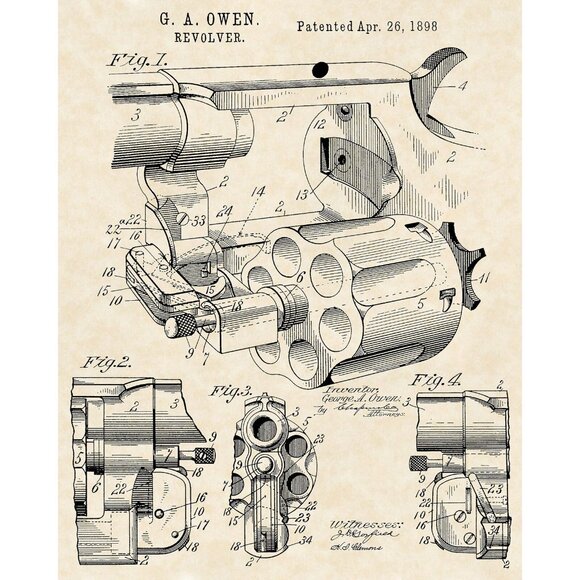 1898 G. A. Owen Revolver Patent Firearm Art 20x16 Vintage Gun Print on Parchment - Picture 3 of 9